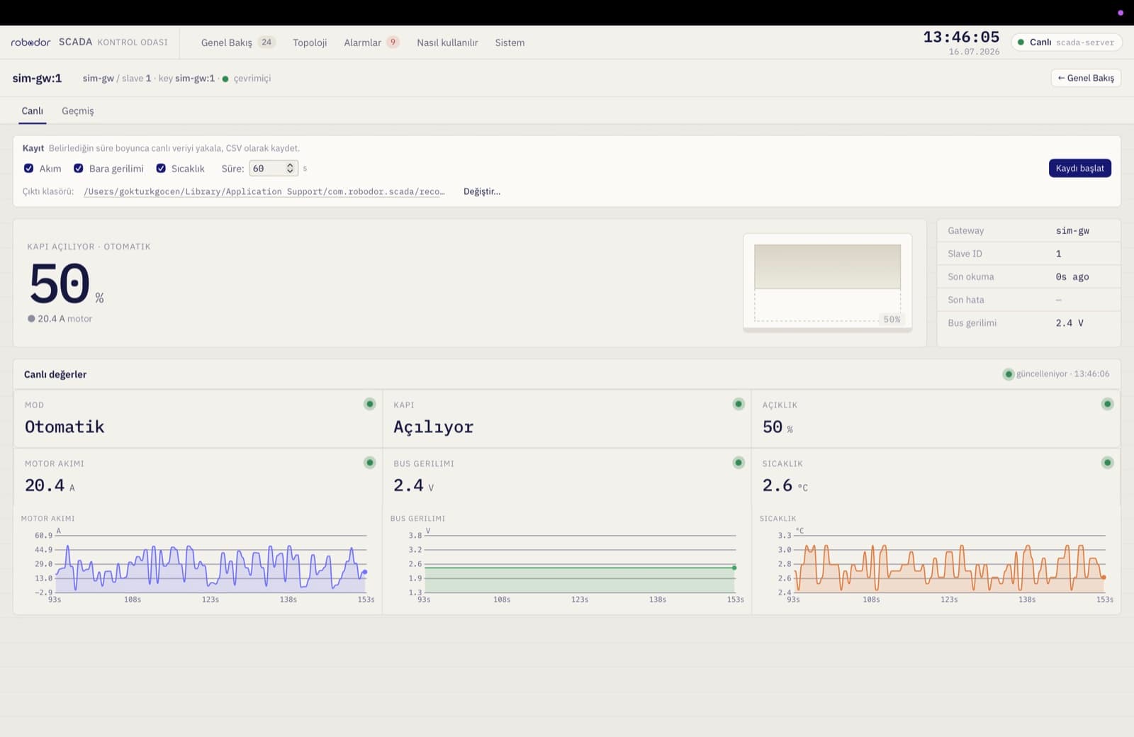 Robodor SCADA — live card detail with current, voltage, and temperature charts plus CSV recording