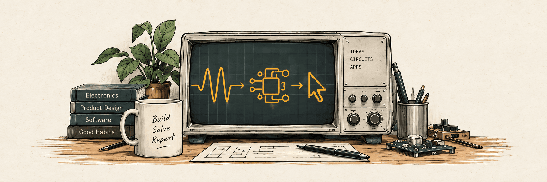 Oscilloscope, circuit board and product-design tools on a workbench