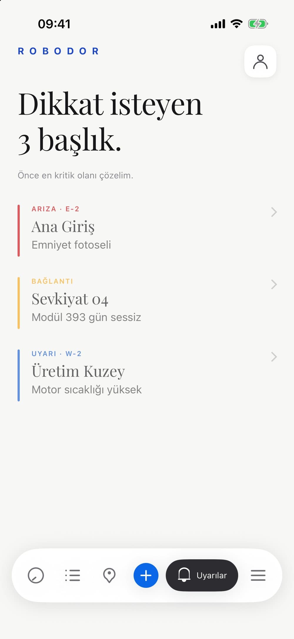 Robodor RCS iOS app — alerts, most critical first