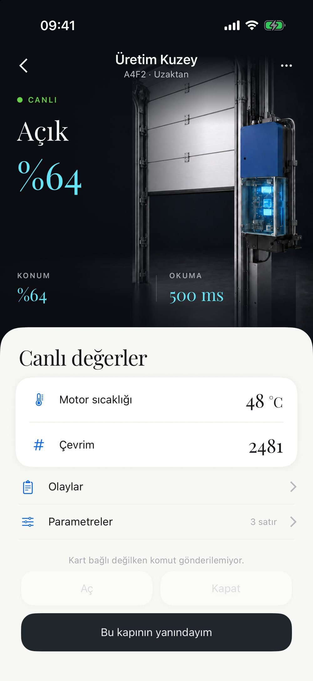 Robodor RCS iOS app — a single door's live state, position and readings
