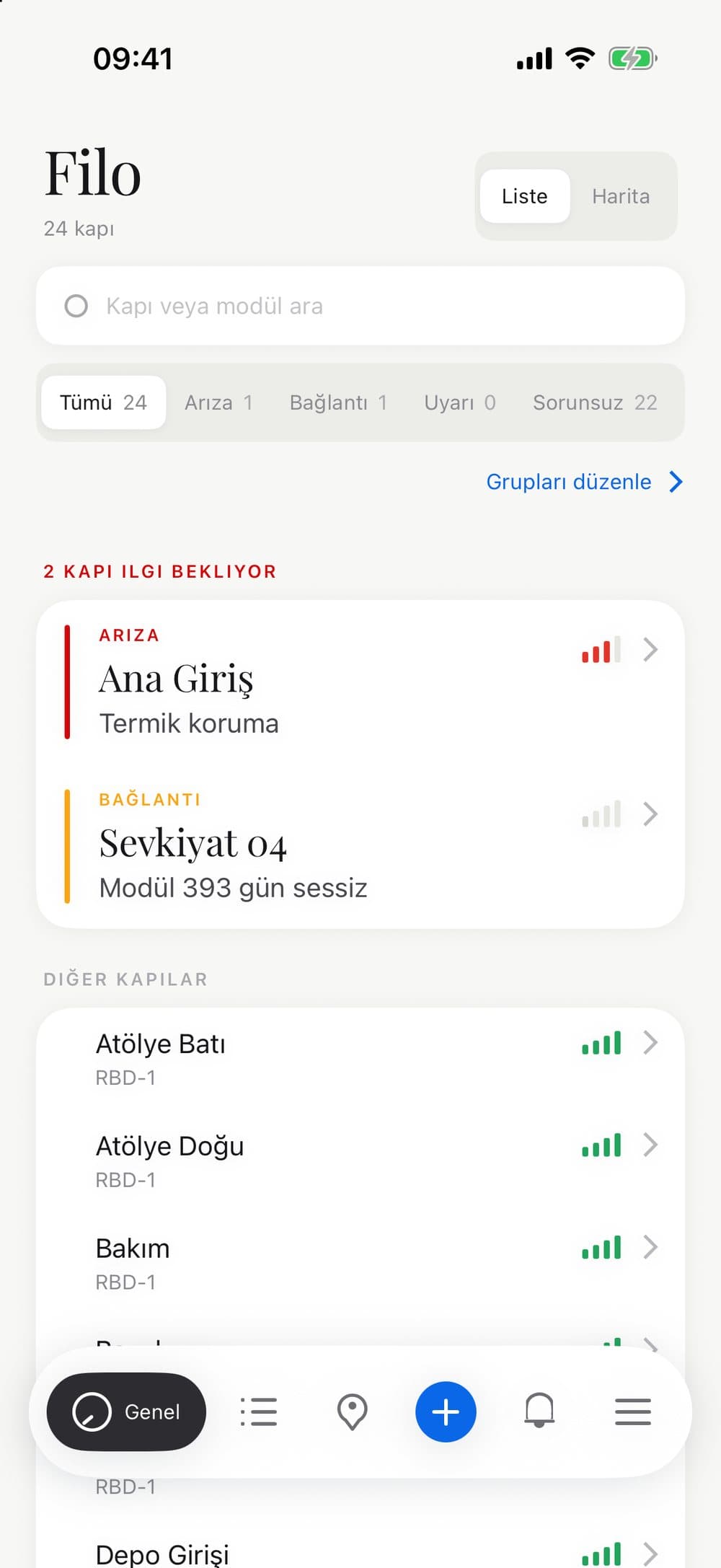 Robodor RCS iOS app — the fleet list with signal per door