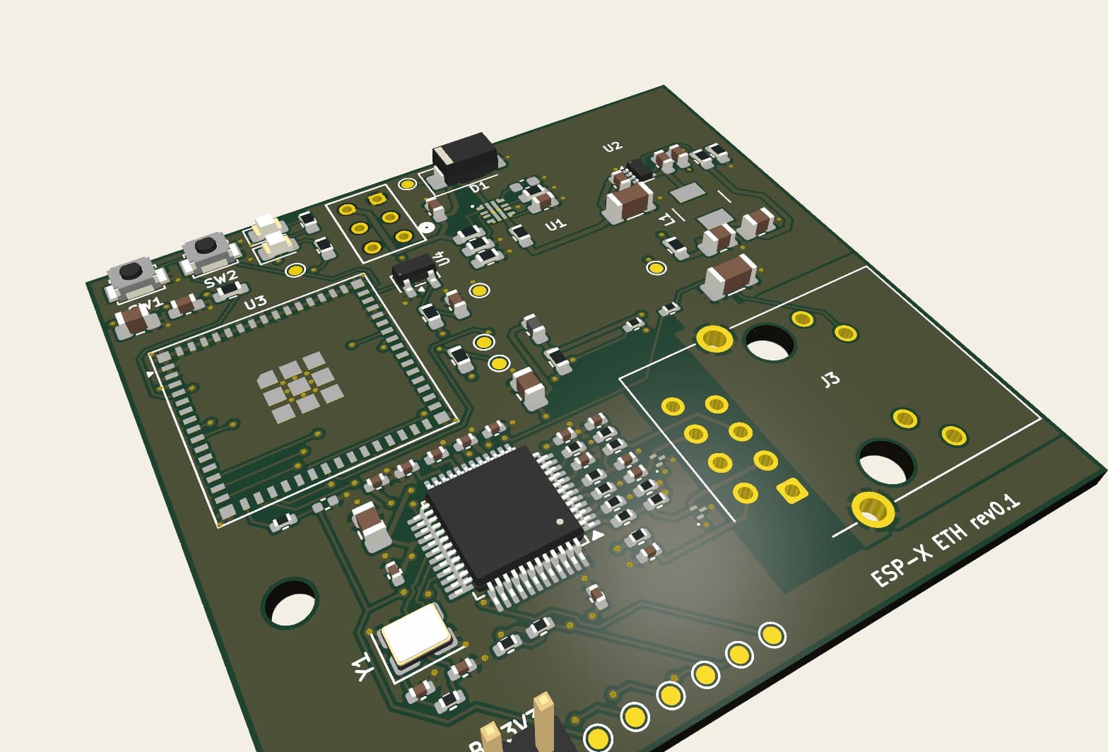 3D render of the ESP-X Ethernet module board, rev0.1