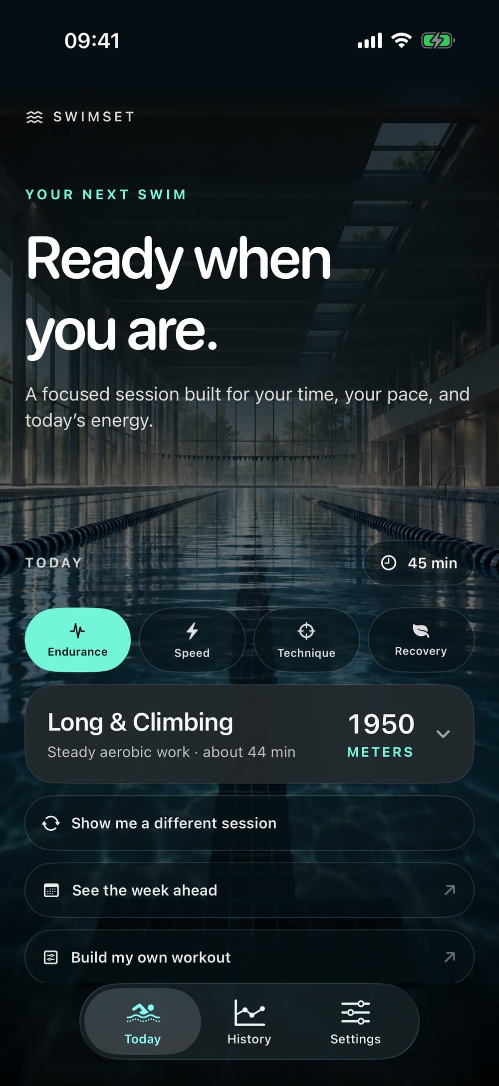 SwimSet — today's session, picked for your time and energy