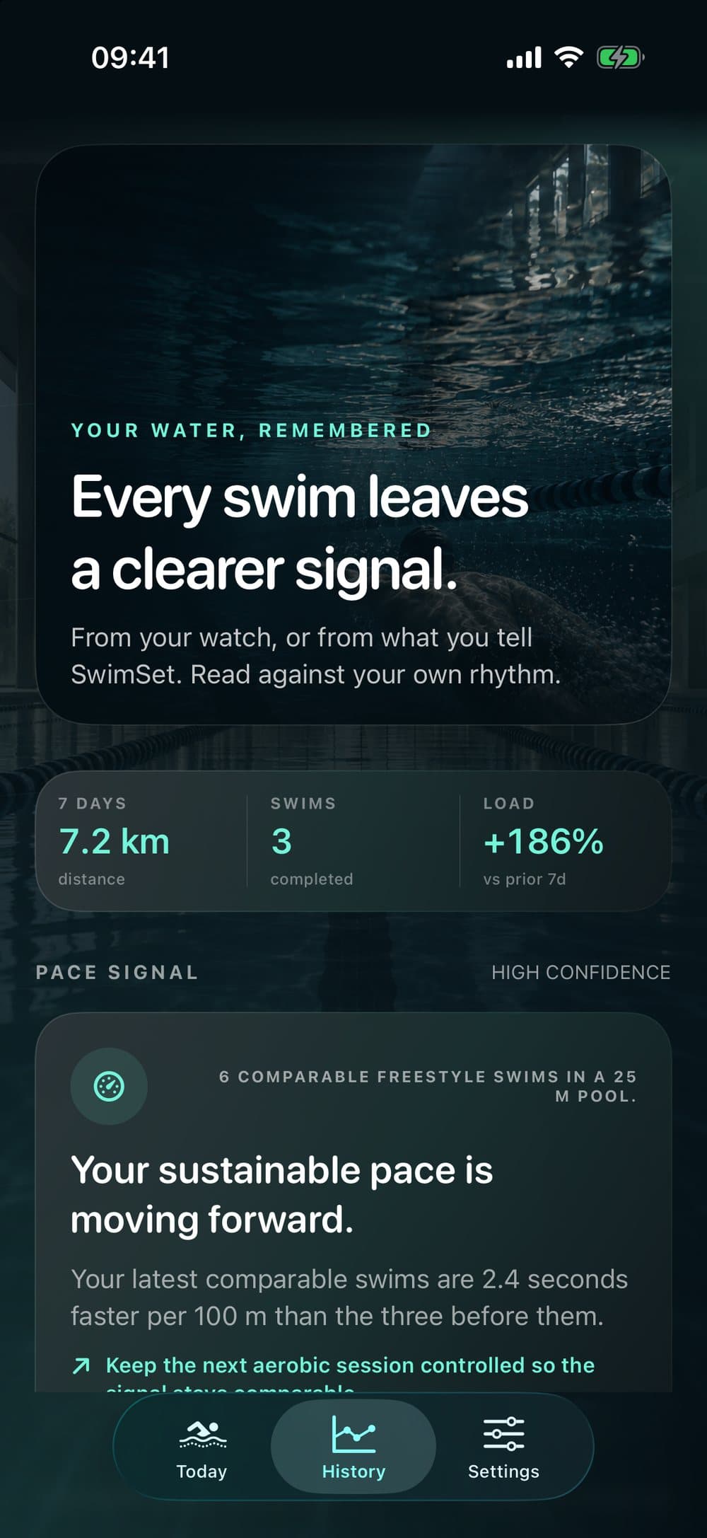 SwimSet — history: distance, load and the pace signal