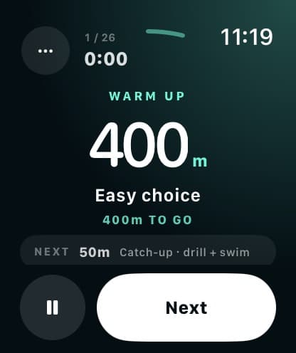 SwimSet on Apple Watch — the warm-up set with distance to go and the next set