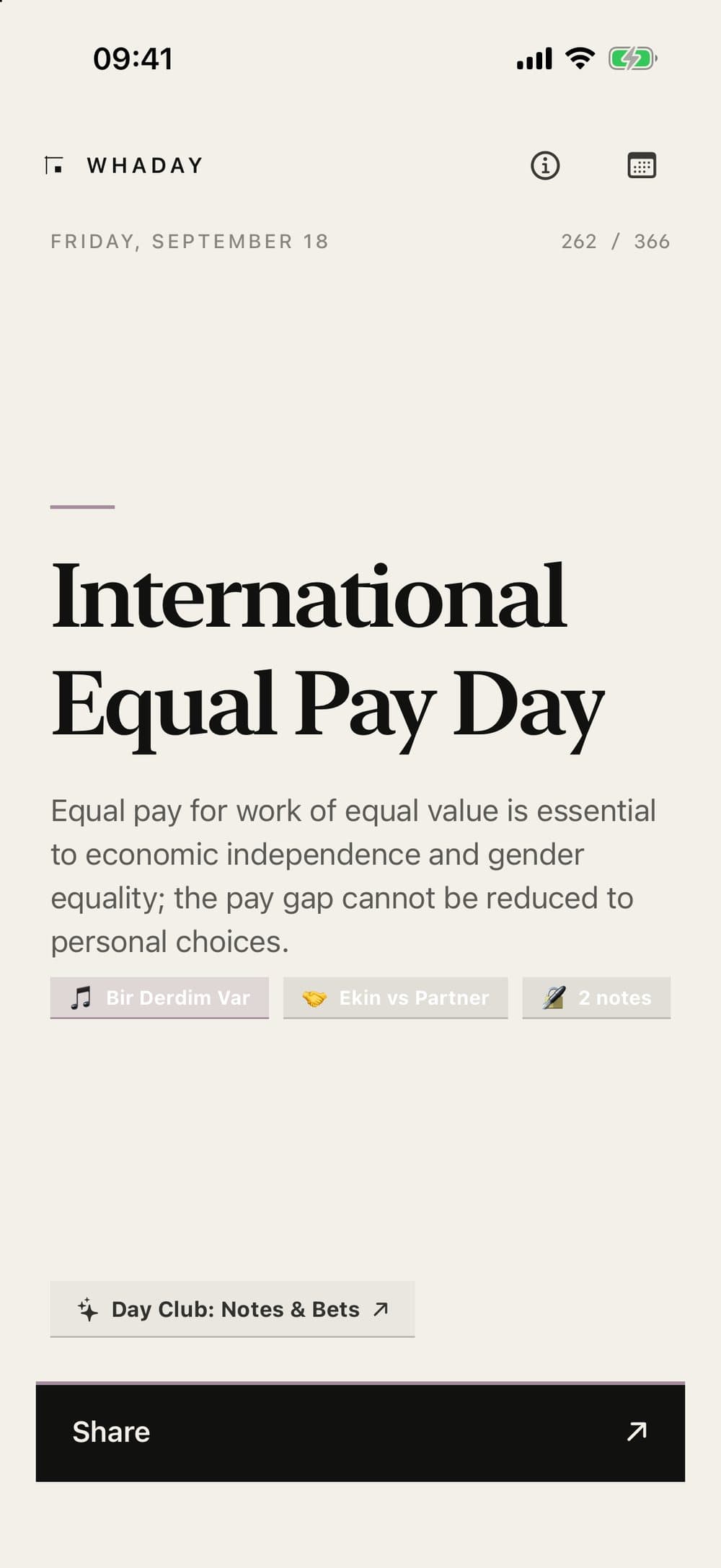WhaDay — today's occasion, with its song, bet and notes