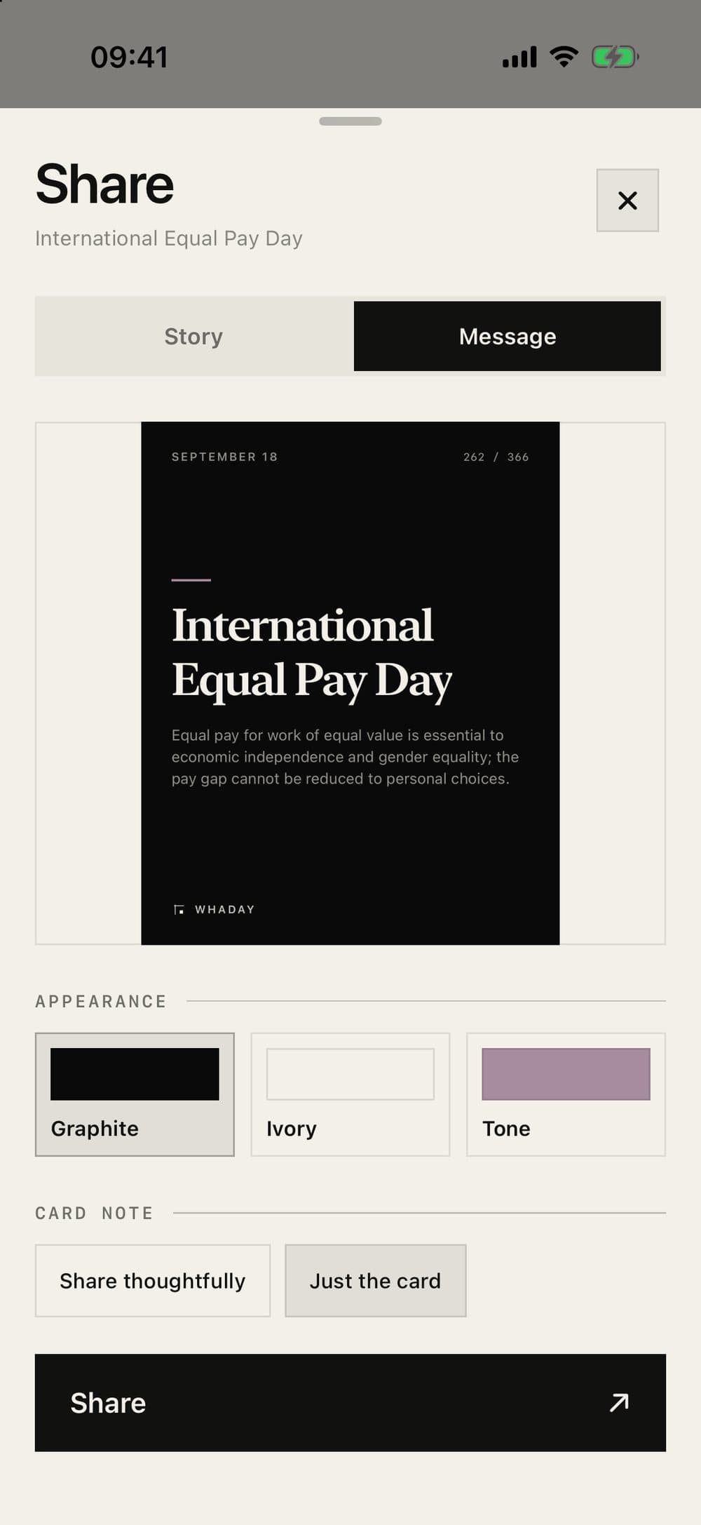 WhaDay — the share studio: message card in the Graphite style