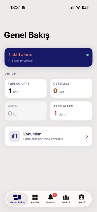 Doorodor iOS — fleet overview with live card status and alarms