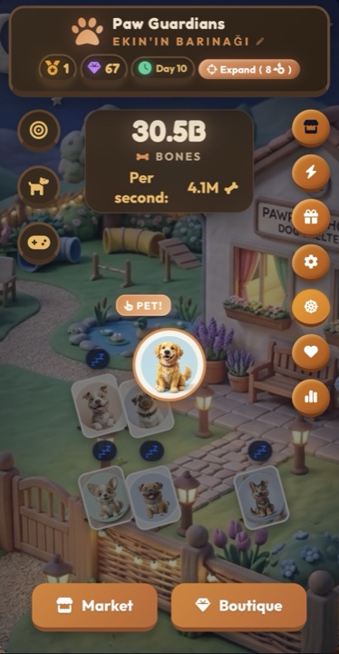 Paw Guardians — the shelter at night, showing the day/night cycle